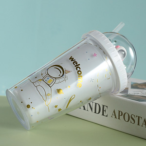 Astronaut Planet Cup Double Wall Plastic Straw Cup With Doll Cartoon Design Travel Water Bottle Two Piece Set - Product Image 3