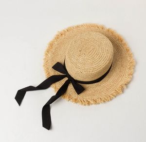 W645 Sombrero de paja plano de primavera y verano para niños, nuevo estilo con borde cepillado, lazo de rafia, sombrero de Sol de moda para viajes al aire libre - Product Image 6