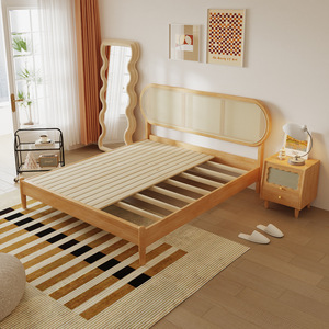 Modern Minimalist Rattan Solid Wood Bed 1.8m Platform Soft <b>Headboard</b> Bedroom Furniture Nordic Style - Product Image 2