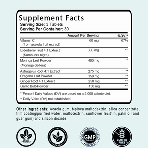 Suplemento para la Salud Inmunológica con Vitamina C, Saúco, Astrágalo, Orégano, Jengibre, Moringa y Ajo, 90 Tabletas, Venta Caliente OEM/ODM - Product Image 2