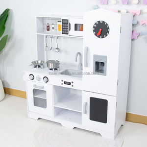 Cuisine de jeu en bois de luxe pour enfants avec réfrigérateur, micro-ondes, cuisinière et évier de style vintage, ensemble de cuisine d'imitation haut de gamme - Product Image 3