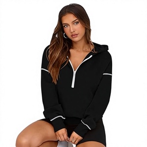 Women's <b>Black</b> Hooded Zip Front Sweatshirt <b>Long</b> <b>Sleeve</b> Casual Solid Color Knitted Pullover Autumn Wear - Product Image 1