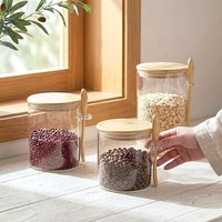 Pot de conservation hermétique en verre borosilicate pour sucre, café, thé, épices, aliments secs, avec couvercle en bambou et cuillère