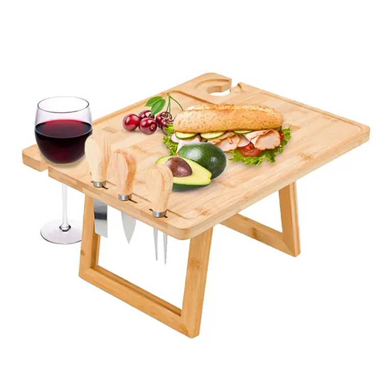 โต๊ะปิกนิกไม้ไผ่พับได้พร้อมชั้นวางไวน์โต๊ะสำหรับตั้งแคมป์ปิ้งบาร์บีคิวกลางแจ้งในร่มแบบพกพาชายหาด