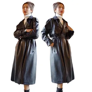 YQY259802 Top Quality Black Long Windbreaker Leather Trench Coat Women Vintage Ladies Loose PU Leather Coat Fashion Winter Coats