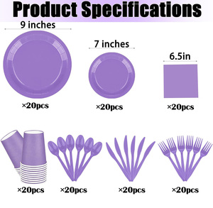 Ensemble de vaisselle jetable pour fête de couleur violette, kit de vaisselle tout-en-un avec assiettes, gobelets, serviettes et couverts pour fête d'anniversaire - Product Image 3
