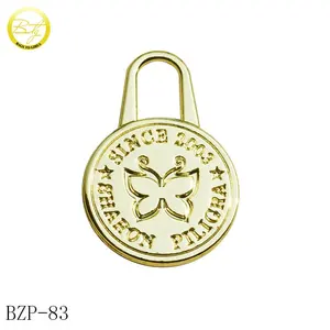 Custom fashion logos metal zipper ends tags round shape metal zipper puller for lady bags