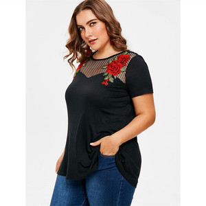 Penjualan Laris Blus & Kemeja Wanita Atasan Leher-o Ukuran Plus Modis Tambalan Hitam Musim Panas - Product Image 3