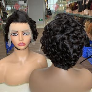 Prix bas, couleur # Perruques courtes en cheveux humains 99J Small Curl 13X4 Lace Frontal Short Pixie Cut, perruques courtes bouclées - Product Image 3