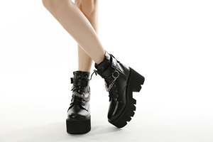 New Arrival High Heel Girls Ankle Booties Black PU Leather <strong>Boots</strong> Metal <strong>Chain</strong> 8 cm Thick Soles Cosplay Women Shoes - Product Image 2