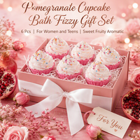 Set de 6 Bombas de Baño Artesanales Naturales con Aroma a Cupcake de Granada, Color Rosa y Blanco, con Espuma y Chispas, Hidratantes y Aromáticas, Marca Privada OEM