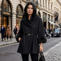 Manteau en laine pour femme OFTBUY, hiver automne, col et poignets en vraie fourrure de renard, avec ceinture, cape double face, manches chauve-souris