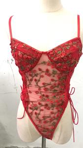 Bodysuit renda semi-sheer model petal Amerika terlaris, pakaian dalam seksi wanita dewasa, rajutan kontrol sedang dari bahan dacron - Product Image 6