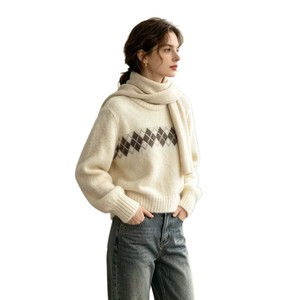 Cream <b>Argyle</b> Knit <b>Sweater</b> Women Crew Neck Pullover Long Sleeve Crocheted Knitwear Casual Daily Wear - Product Image 1