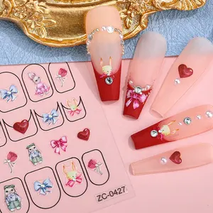 Autocollants pour ongles d'orteils écologiques, fournitures pour ongles en opale, Art de doigt de dessin animé, Logo personnalisé imprimé fleur autocollants 3D Nail Heart