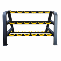 Support de rangement pour haltères commercial à 3 niveaux, 9 paires, avec piliers courbes jaunes anti-rayures pour salle de sport