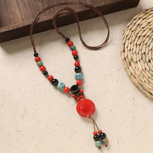 Collar de cerámica con cuentas coloridas, cadena larga para suéter con forma de flor, accesorio retro para mujer - Product Image 6