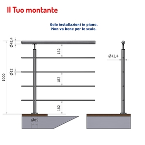 P110105-4 Montant rond en acier inoxydable Fixation 4 trous Ø 12.5 AISI 304 Satin Hauteur au sol 1.00m Montant avec 4 trous Ø 42.4 - Product Image 1