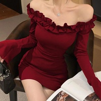 Einschultriges, süßes, einfarbiges Minikleid mit Rüschen, rückenfreiem Design, tailliertem Schnitt, schlankmachendem Effekt, ultra-feenhaftem, ausgestelltem Rock, waschbar, elegant