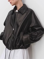 Veste en cuir de mouton véritable pour femme, style européen, printemps-automne, coupe ample, courte, zippée, tendance, vêtement d'extérieur en cuir véritable pour femme