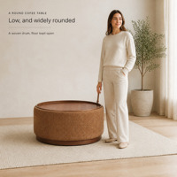 Pouf rond en chenille caramel, table basse rembourrée avec plateau en bois et base en bois, siège pour salon