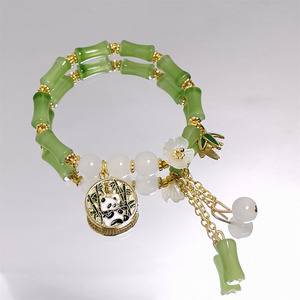Pulseras <span class=keywords><strong>de</strong></span> Cuentas <span class=keywords><strong>de</strong></span> Bambú Verde <span class=keywords><strong>Chino</strong></span>, Imitación <span class=keywords><strong>de</strong></span> <span class=keywords><strong>Jade</strong></span>, con Dijes <span class=keywords><strong>de</strong></span> Hoja <span class=keywords><strong>de</strong></span> Panda y Flor, Borla Hecha a Mano, Pulsera Elástica para Mujer y Niña - Product Image 4