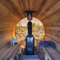 Modèle 2026 : Sauna extérieur panoramique de luxe en cèdre rouge, entièrement neuf, avec poêle à bois ; personnalisable avec poêle Harvia