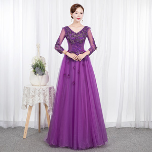 Purple Tulle Evening Gown With 3D Floral Embroidery Long Sleeve Ball Gown For Women Stage Performance Dress - Product Image 3
