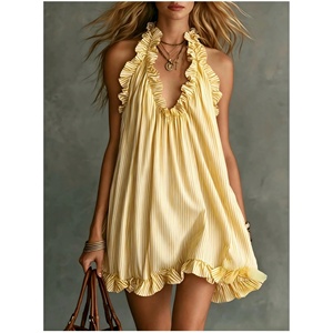 Vestido corto halter de rayas verticales para mujer con volantes, cuello en V profundo, estilo holgado, ideal para la playa en verano - Product Image 4