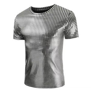 RNSHANGER Günlük Düz Moda Ekose Desenli Geniş Kumaş Erkek Dar Kesim Kısa Kollu Tişört DJ Gece Kulübü Sahne Şarkıcısı Balo Kostümü - Product Image 4