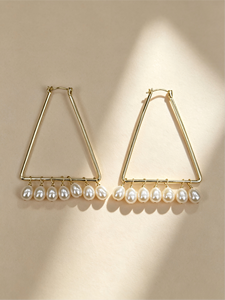 Pendientes Geométricos de Plata de Ley 925 de 40 mm con Perla Blanca de Agua Dulce de 5.5-6 mm, Chapados en Oro de 18K para Mujer - Product Image 2