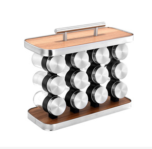 <span class=keywords><strong>Estante</strong></span> Giratorio de Acero Inoxidable <span class=keywords><strong>para</strong></span> Especias con Juego de Frascos de Vidrio, Organizador de <span class=keywords><strong>Cocina</strong></span> Colgante de Madera - Product Image 1