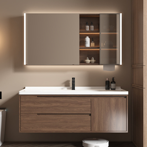 Meuble-lavabo moderne en bois grainé avec armoire miroir LED, certifié CE, mural, étanche - Product Image 1