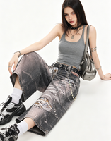 Culottes Y2K Cyberpunk décontractées à jambe large, imprimé denim trompe-loup, patchwork numérique haute densité, motif écossais, chaîne, effet usé, taille haute