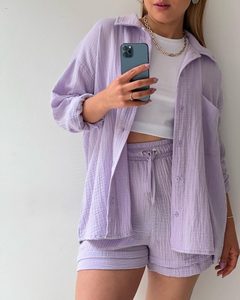 King Mcgreen Star camisa de manga larga de gran tamaño conjuntos de <span class=keywords><strong>2</strong></span> piezas mujeres Tops blusa suelta cintura alta pantalones cortos traje moda Casual trajes - Product Image 4