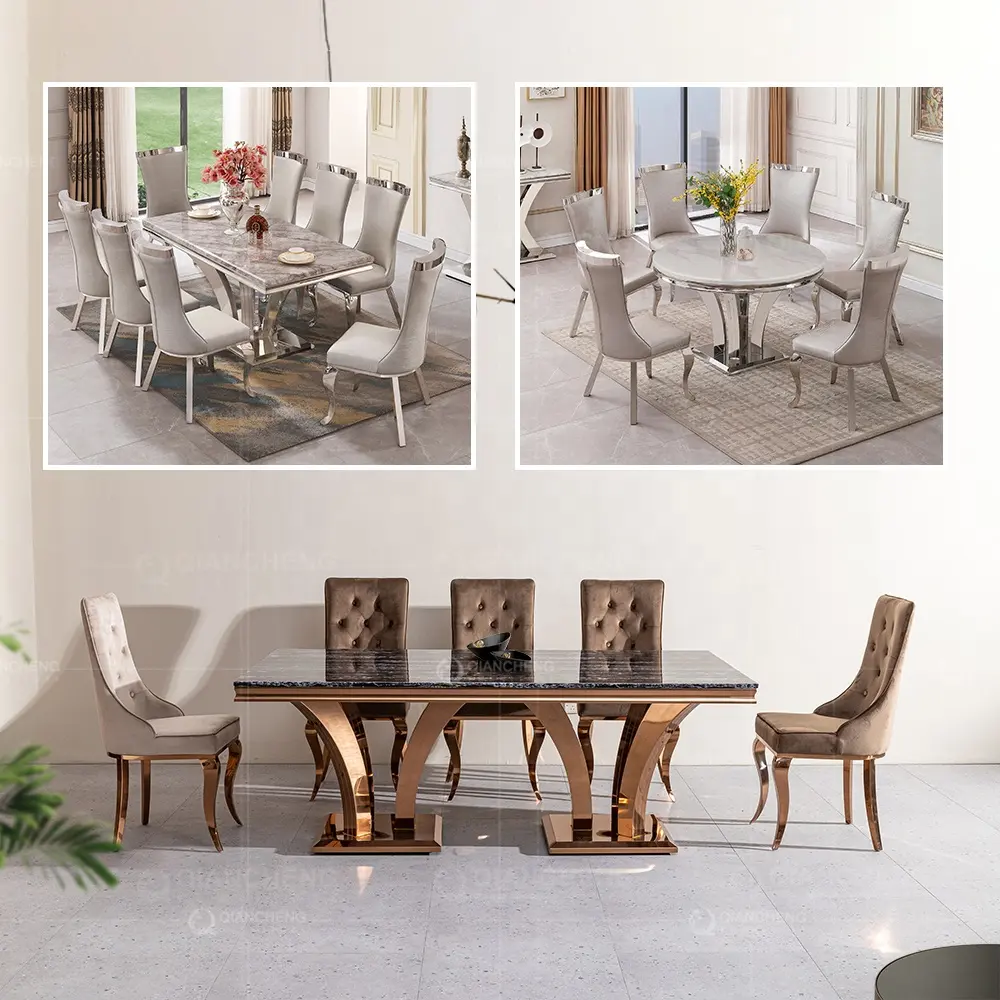 Foshan möbel esszimmer tabelle 8 Seater set moderne design edelstahl metall bein marmor esstische