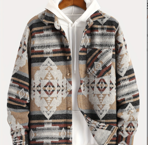 Giacca Casual da Uomo Personalizzata con Stampa Azteca, Bottoni, Maniche Lunghe in Lana, Leggera, con Risvolto, Stile Western - Product Image 6