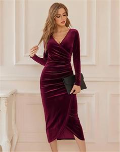 Primavera Invierno manga larga cuello pico terciopelo <span class=keywords><strong>cóctel</strong></span> fiesta vestido Formal mujer Oficina Slim Fit elegante vestido de noche - Product Image 3