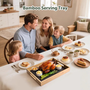 Bandeja de bambú para desayuno con almohadilla de silicona desmontable, utilizada para despensa, sala de estar, baño, bar de té - Product Image 4