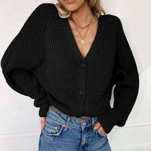 Pulls en nylon/<span class=keywords><strong>coton</strong></span> pour femmes, pulls en tricot à manches longues, amples, anti-froissage, respirants, décontractés, col en V, hauts unis, devant - Product Image 3