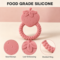 Anneau de dentition personnalisé en silicone pour bébé, motif fraise, avec surface texturée en silicone de qualité alimentaire et design tressé facile à saisir