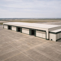 Complexe de hangars aériens multi-baies avec portes coulissantes répétées, aérodrome et longue aile de dégagement
