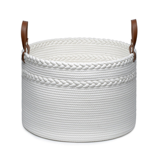 Dual-Braided Decorative fashion foldable Woven Laundry Cotton Rope storage Basket with Leather Handles