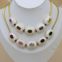 Ensemble de bijoux collier et bracelet avec pendentif en zircon de couleur pierre naturelle, perle ovale à grand trou, pour femmes, fournitures DIY