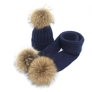 หมวกปอมปอมปอมขนแร็กคูนสำหรับเด็กหมวกถักผ้าพันคอและหมวกฤดูหนาว