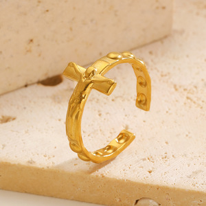 Bague ouverte réglable en acier inoxydable 316L, motif croix de Jésus, or et argent, pour hommes et femmes, bijoux religieux quotidiens, vente en gros - Product Image 6