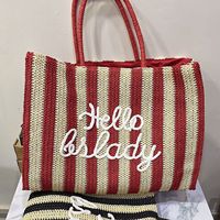 Bolso de Moda de Poliéster con Letra Bordada Hello Lady |   Bolso de hombro para vacaciones de gran capacidad con cierre de cremallera y dos correas |   Playa de Verano
