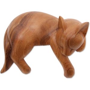 NOVICA Handmade <b>Rustic</b> <b>Home</b> <b>Decor</b> Sculpture Artisan Crafted Suar Wood Natural Finish Unique Cat Accent 3.1x6x4.7 Inches 7.4 - Product Image 1