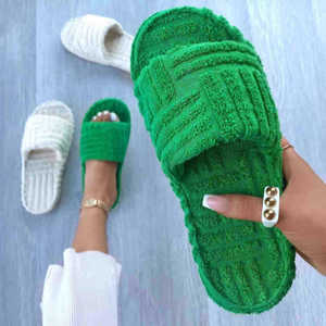 Pantuflas de Felpa para Mujer, Talla Grande, Otoño 2022, Sandalias con Estampado de Moda, Pantuflas de Tela Verde - Product Image 3
