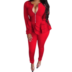 Solid Color Stiff Ruffle Long Sleeve Zipper <b>Top</b> Long Pants Women's Casual 2 Piece Set Fashion - Product Image 1